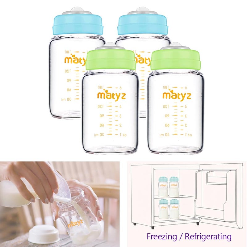 Matyz Glass Breastmilk Storage Containers, 4 Pack, 6 oz Bottle, Fit with Spectra Medela Avent Pump - Wide Mouth Breastmilk Collection and Storage Bottle with Lids - No BPA (2 Green & 2 Blue Lids) - Image 3